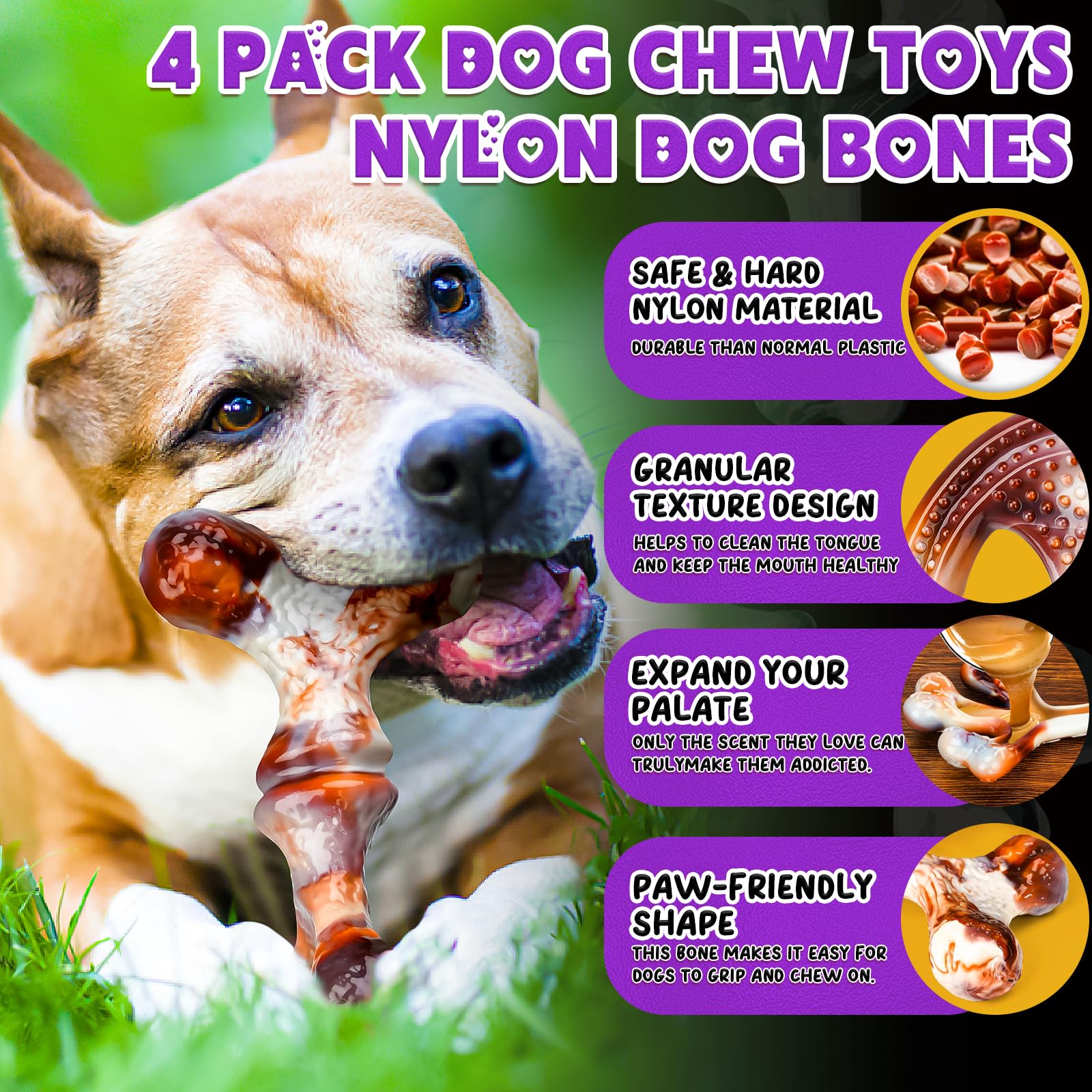 OSORD 4-Pack Dog Chew Toys for Aggressive Chewers - Tough Nylon Bones with Bacon Flavor, Small & Medium Breeds