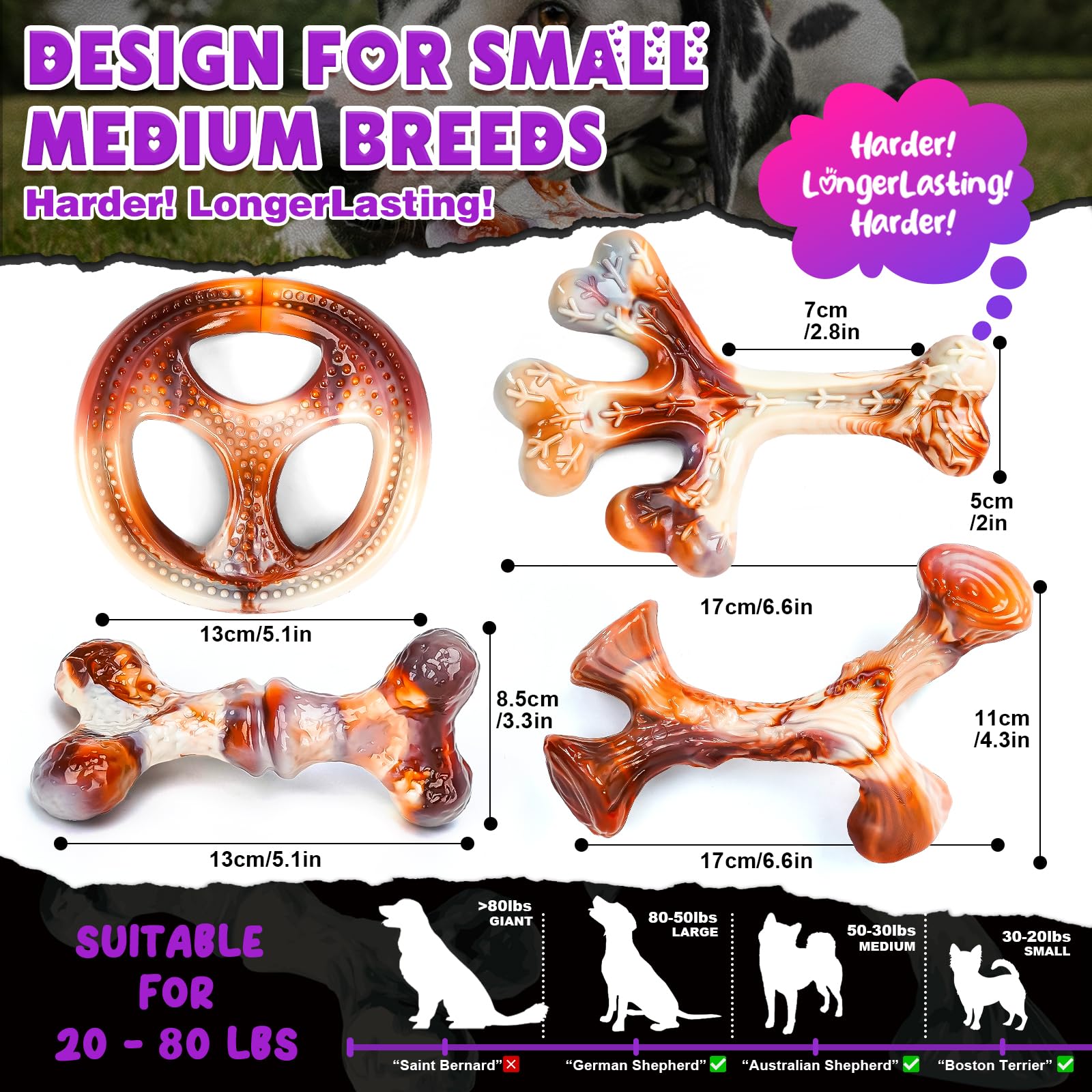 OSORD 4-Pack Dog Chew Toys for Aggressive Chewers - Tough Nylon Bones with Bacon Flavor, Small & Medium Breeds