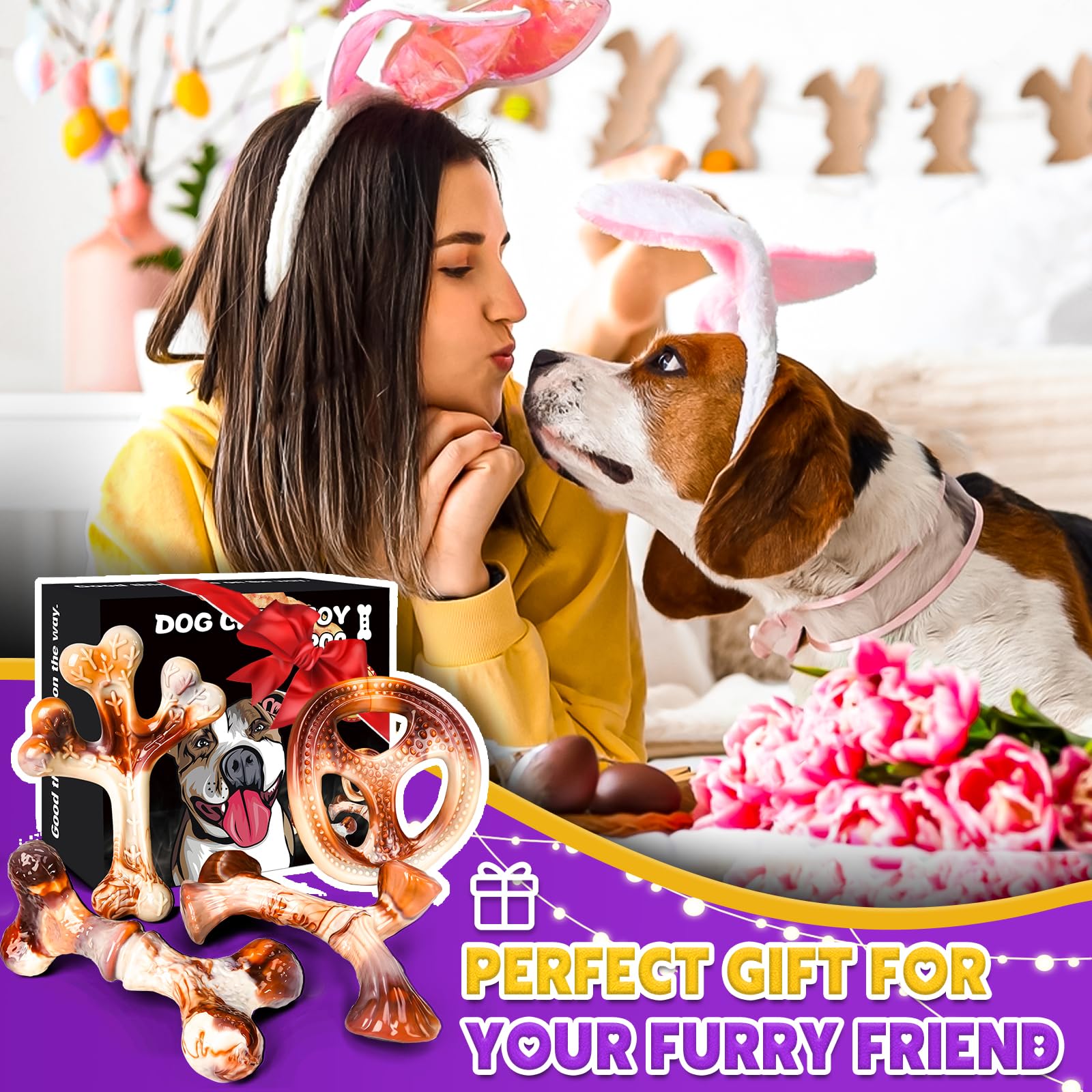 OSORD 4-Pack Dog Chew Toys for Aggressive Chewers - Tough Nylon Bones with Bacon Flavor, Small & Medium Breeds