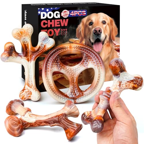 OSORD 4-Pack Dog Chew Toys for Aggressive Chewers - Tough Nylon Bones with Bacon Flavor, Small & Medium Breeds