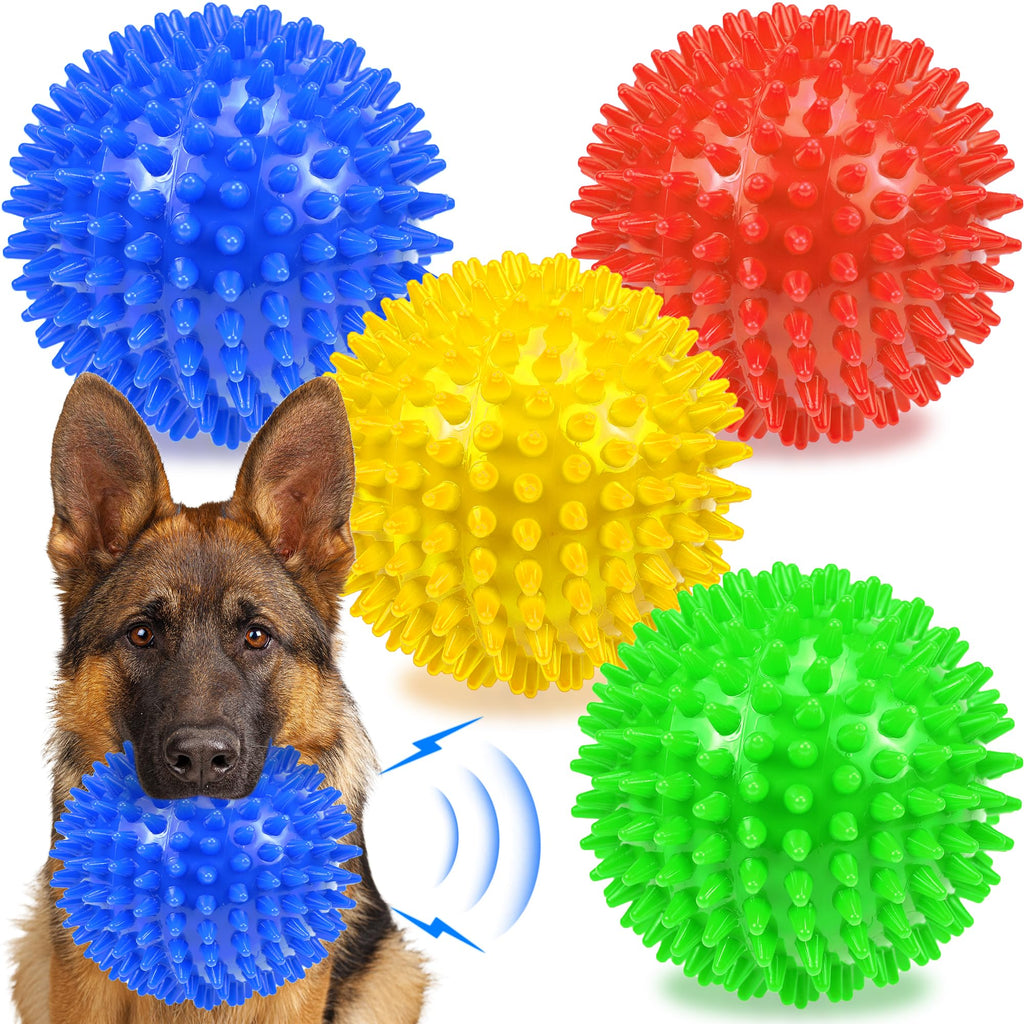 Ousiya 4-Pack Squeaky Dog Balls 4.5 Inch Spikey TPR Toys for Aggressive Chewers