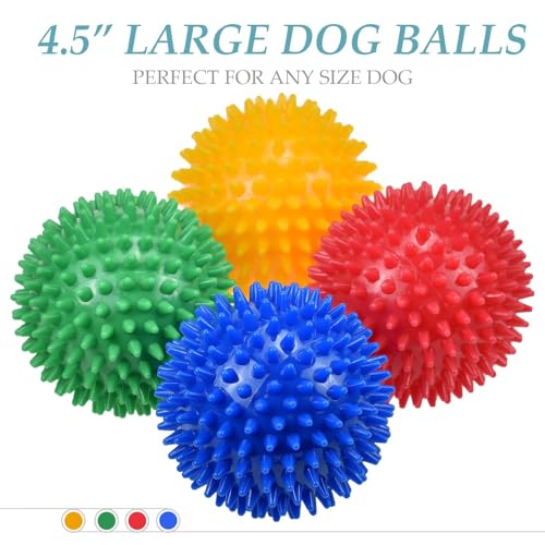 Ousiya 4-Pack Squeaky Dog Balls 4.5 Inch Spikey TPR Toys for Aggressive Chewers