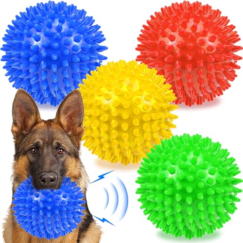 Ousiya 4-Pack Squeaky Dog Balls 4.5 Inch Spikey TPR Toys for Aggressive Chewers