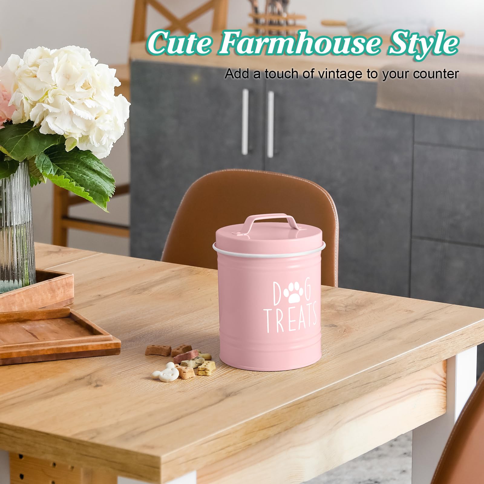 OUTNILI Pink Small Dog Treat Container - Airtight Stainless Steel Jar, 5.5 Cups, 6" Tall