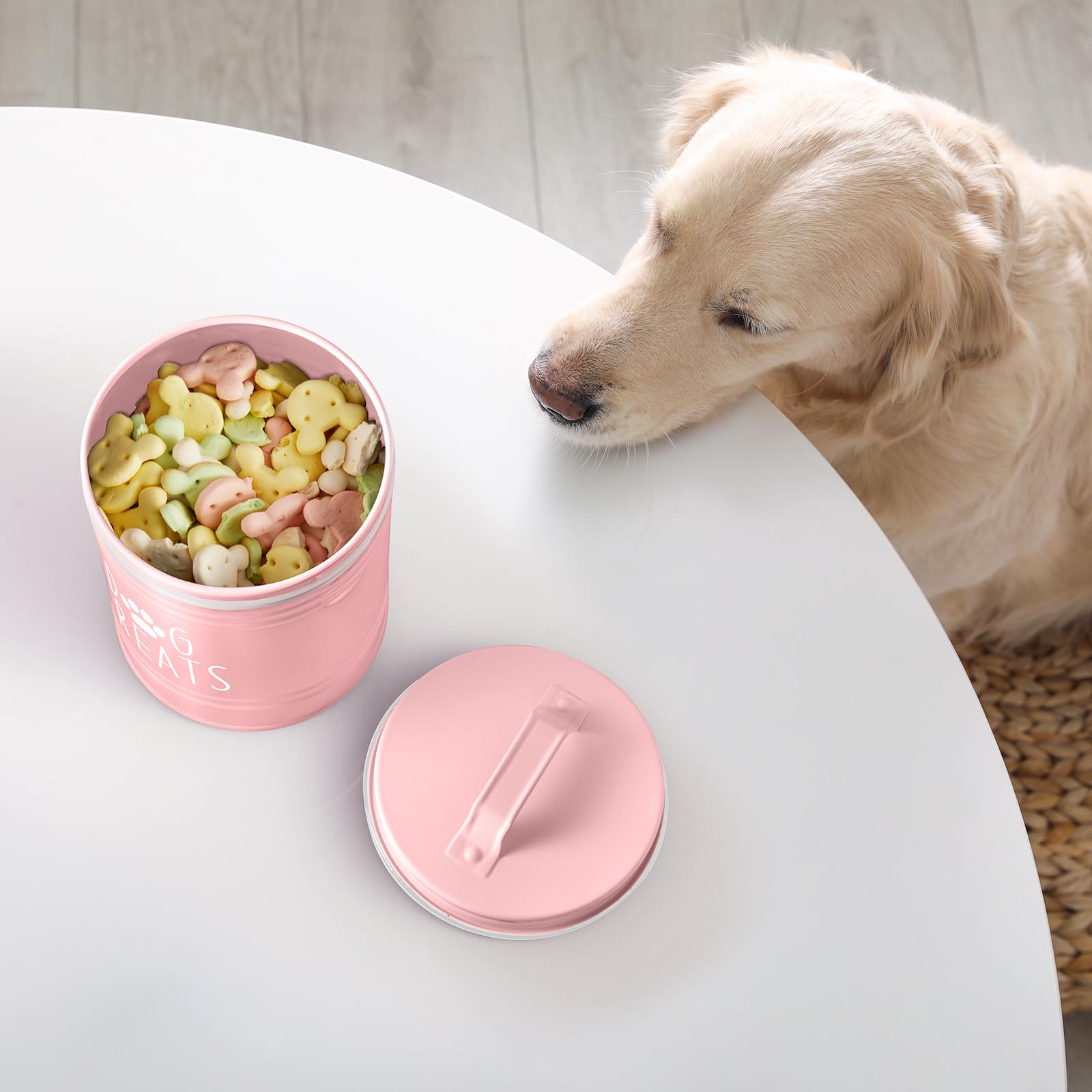 OUTNILI Pink Small Dog Treat Container - Airtight Stainless Steel Jar, 5.5 Cups, 6" Tall