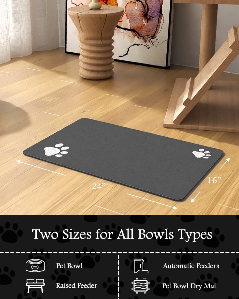 PADOOR Absorbent Dog Feeding Mat – 16x24 Inch Dark Grey, Quick-Dry, Non-Slip Rubber Backing