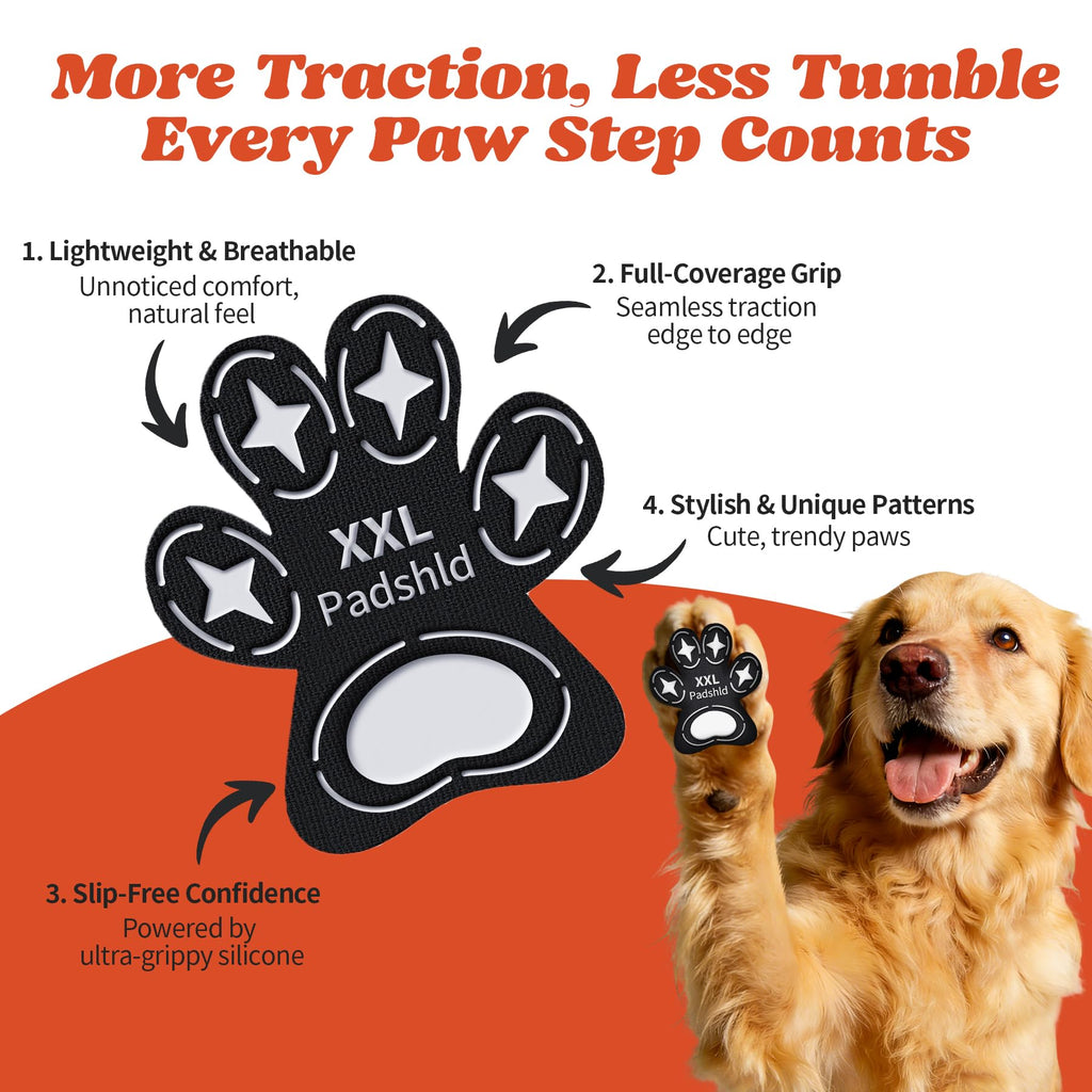 Padshld Dog Paw Protectors (XXXL) - 24 Pack Anti Slip Paw Pads for Senior Dogs & Puppies on Hardwood Floors