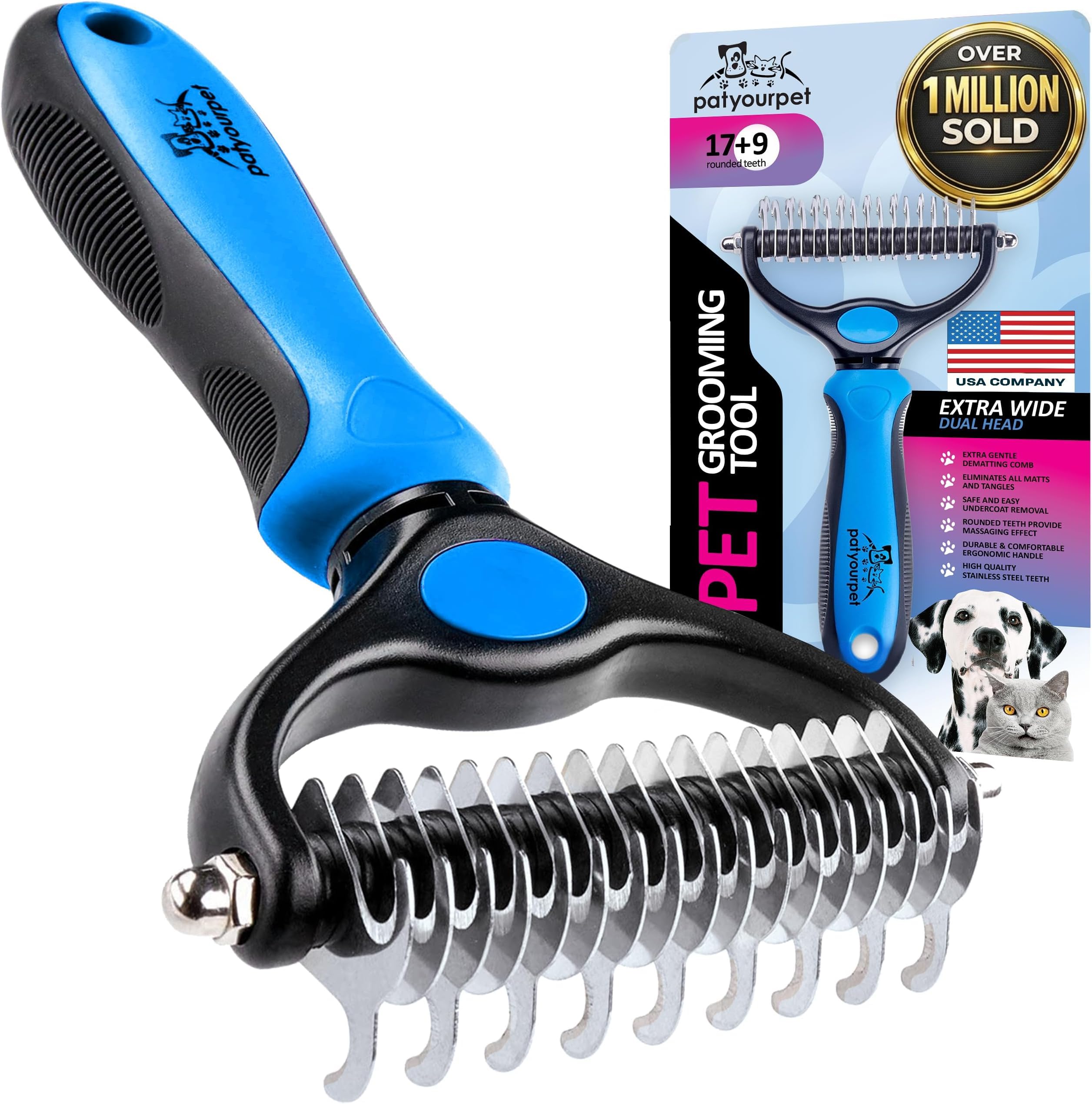 Pat Your Pet Dual-Sided Deshedding Brush for Dogs and Cats – 9 & 17 Teeth, Skin-Safe Rounded Tips, Non-Slip Handle, Includes Paw Tag