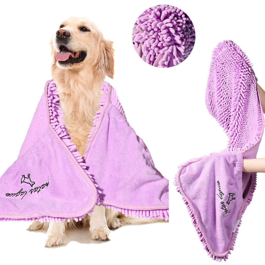 Patas Lague Absorbent Dog Towel - Large 35x15 Inch Microfiber Quick Dry Pet Bath Towel with Hand Pockets, Lilac