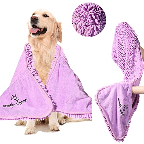 Patas Lague Absorbent Dog Towel - Large 35x15 Inch Microfiber Quick Dry Pet Bath Towel with Hand Pockets, Lilac