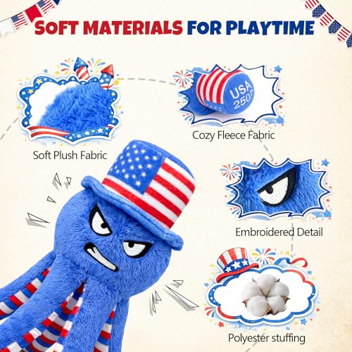 Patriotic 4th of July Dog Toys 3-Pack - Squeaky Crinkle Plush Octopus, Bone & Star for Small & Medium Dogs