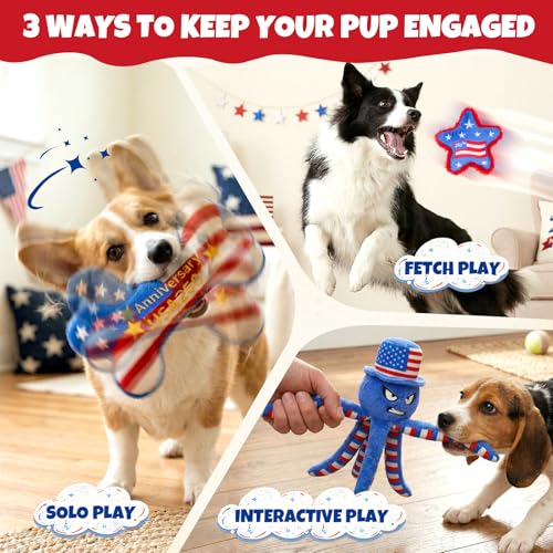 Patriotic 4th of July Dog Toys 3-Pack - Squeaky Crinkle Plush Octopus, Bone & Star for Small & Medium Dogs