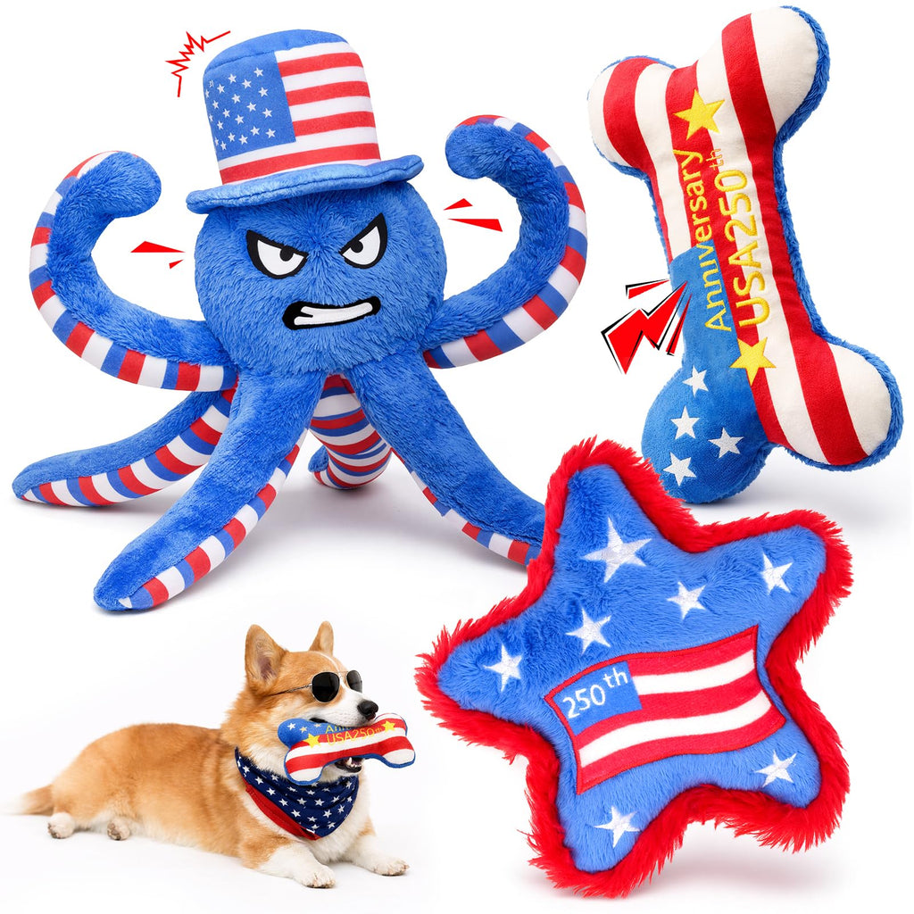 Patriotic 4th of July Dog Toys 3-Pack - Squeaky Crinkle Plush Octopus, Bone & Star for Small & Medium Dogs