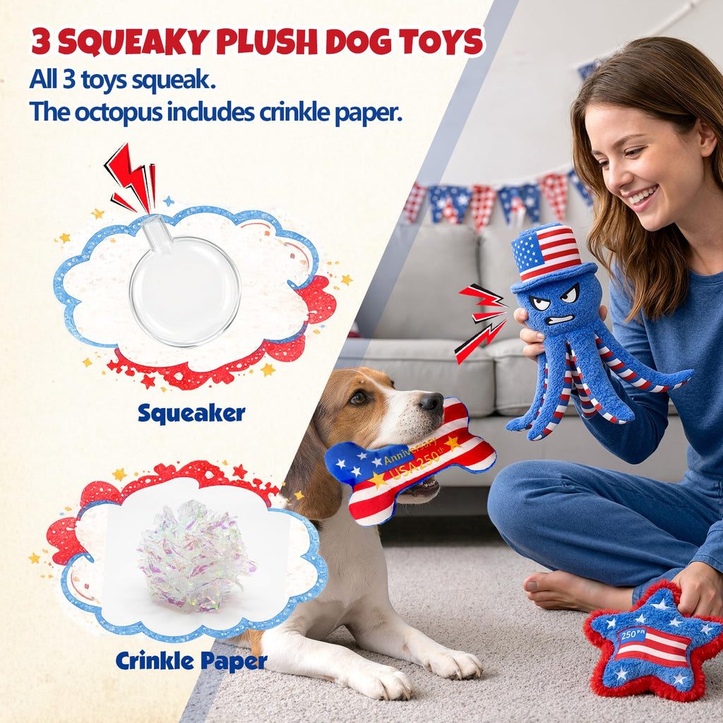 Patriotic 4th of July Dog Toys 3-Pack - Squeaky Crinkle Plush Octopus, Bone & Star for Small & Medium Dogs