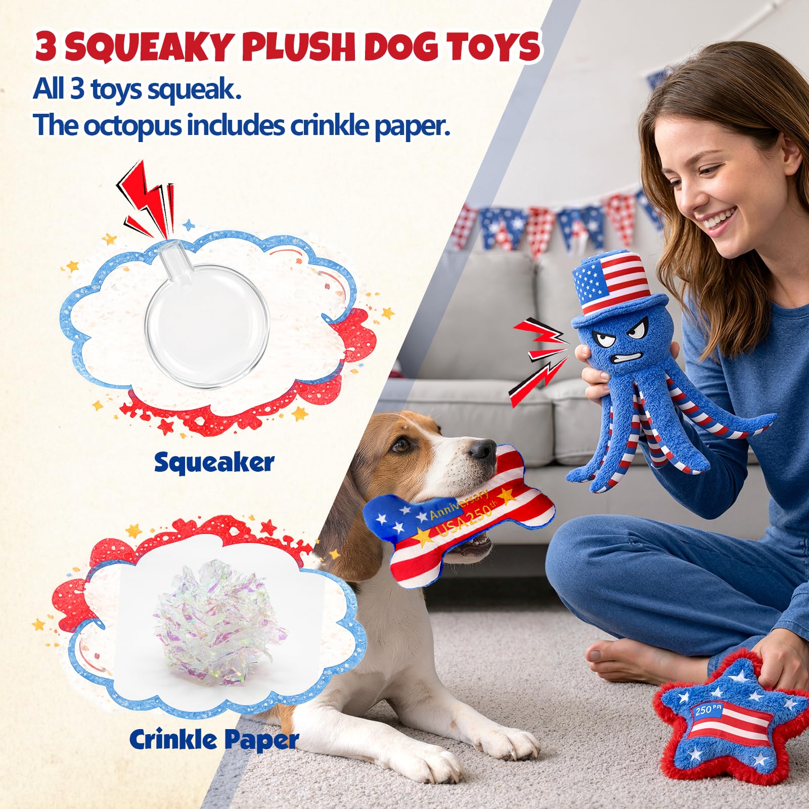 Patriotic 4th of July Dog Toys 3-Pack - Squeaky Crinkle Plush Octopus, Bone & Star for Small & Medium Dogs