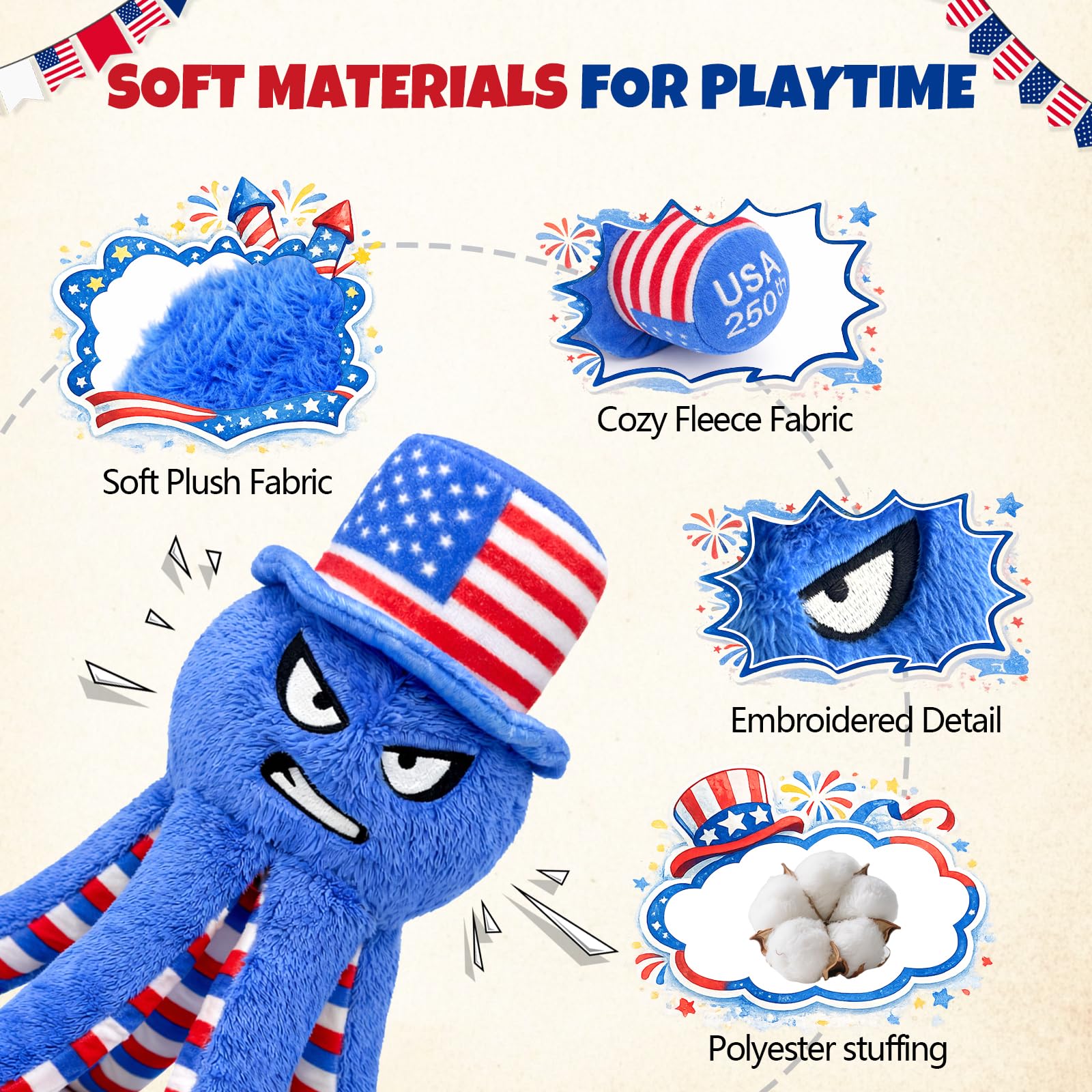 Patriotic 4th of July Dog Toys 3-Pack - Squeaky Crinkle Plush Octopus, Bone & Star for Small & Medium Dogs