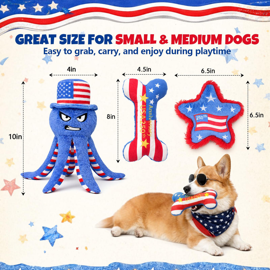 Patriotic 4th of July Dog Toys 3-Pack - Squeaky Crinkle Plush Octopus, Bone & Star for Small & Medium Dogs