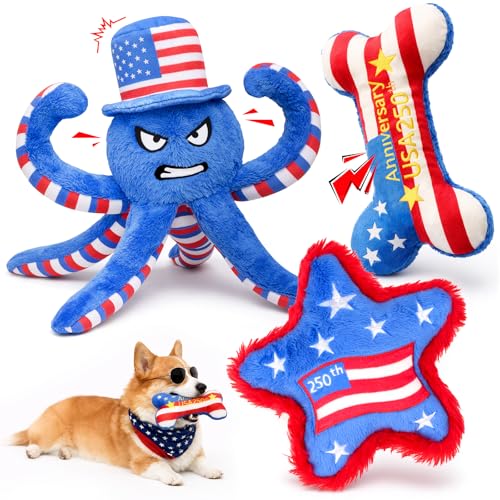 Patriotic 4th of July Dog Toys 3-Pack - Squeaky Crinkle Plush Octopus, Bone & Star for Small & Medium Dogs