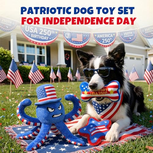 Patriotic 4th of July Dog Toys 3-Pack - Squeaky Crinkle Plush Octopus, Bone & Star for Small & Medium Dogs
