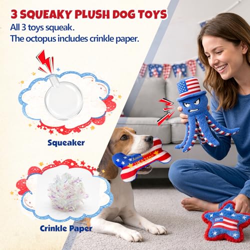 Patriotic 4th of July Dog Toys 3-Pack - Squeaky Crinkle Plush Octopus, Bone & Star for Small & Medium Dogs