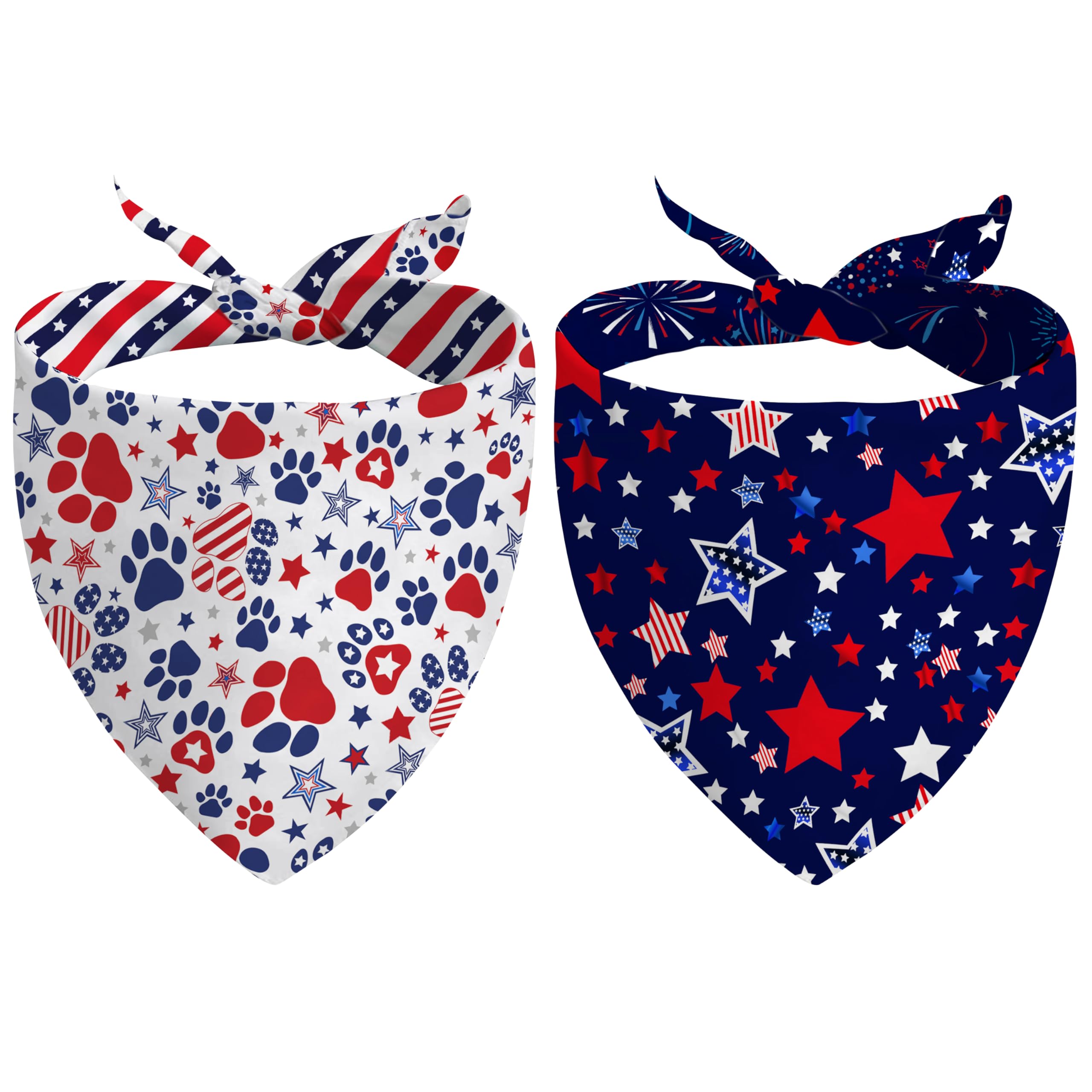 Patriotic Dog Bandana Reversible 2-Pack – Red, White and Blue Paw Star Design for Small Medium Dogs