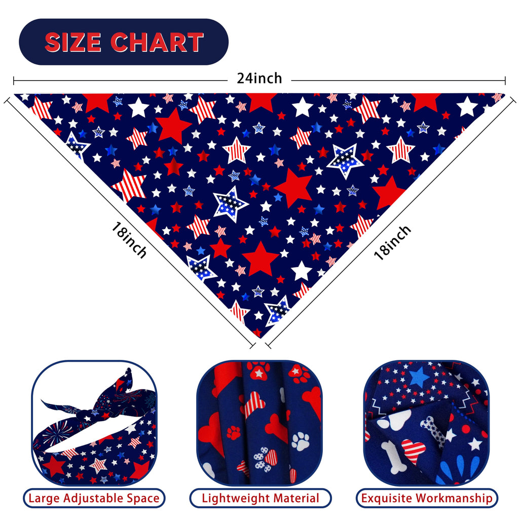 Patriotic Dog Bandana Reversible 2-Pack – Red, White and Blue Paw Star Design for Small Medium Dogs