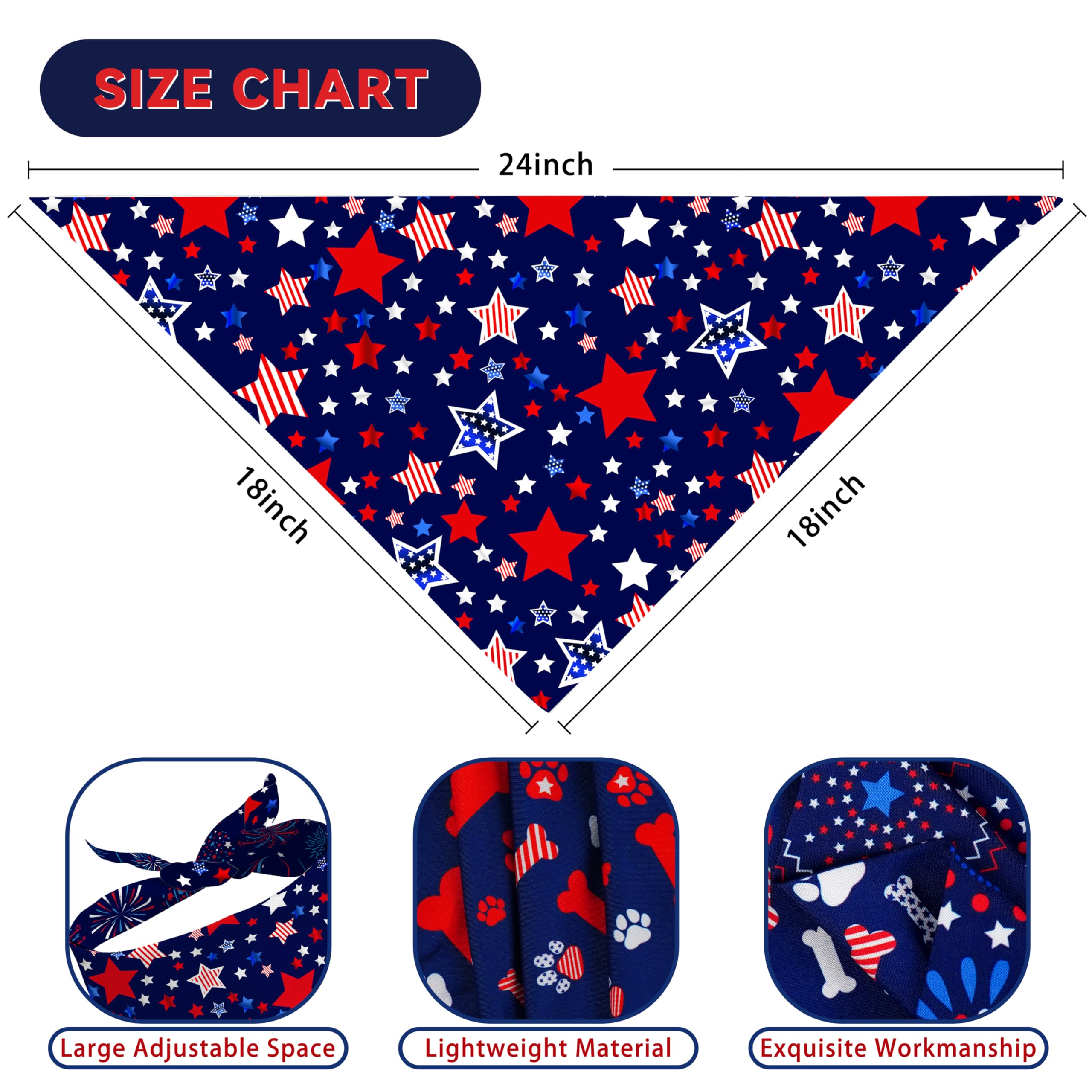 Patriotic Dog Bandana Reversible 2-Pack – Red, White and Blue Paw Star Design for Small Medium Dogs