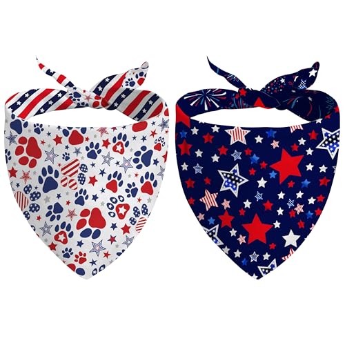 Patriotic Dog Bandana Reversible 2-Pack – Red, White and Blue Paw Star Design for Small Medium Dogs