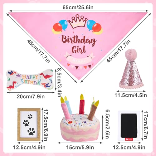 PATTEPOINT Dog Birthday Toy Set - Pink Squeaky Cake, Plush Bones, Hat, Bandana, Paw Print Kit & Photo Frame - Pet Gift Supplies