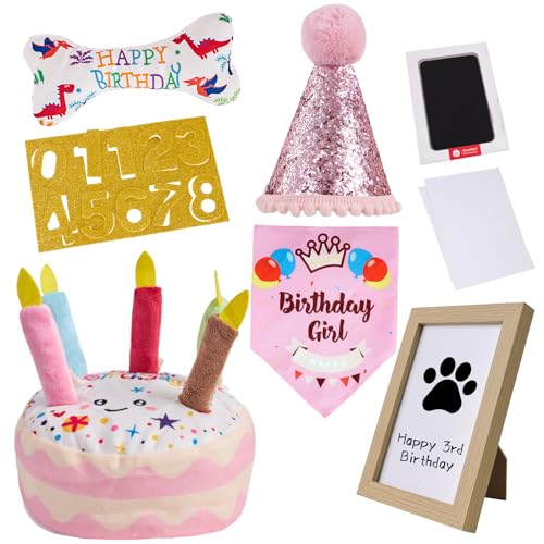 PATTEPOINT Dog Birthday Toy Set - Pink Squeaky Cake, Plush Bones, Hat, Bandana, Paw Print Kit & Photo Frame - Pet Gift Supplies