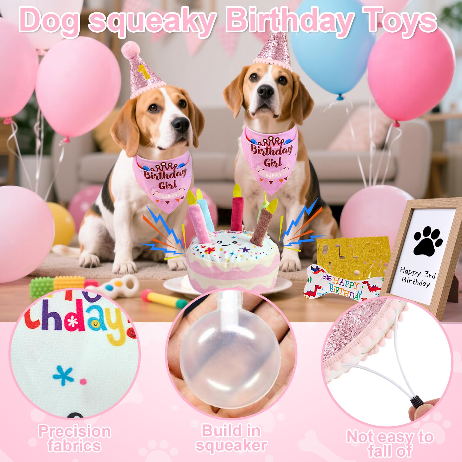 PATTEPOINT Dog Birthday Toy Set - Pink Squeaky Cake, Plush Bones, Hat, Bandana, Paw Print Kit & Photo Frame - Pet Gift Supplies