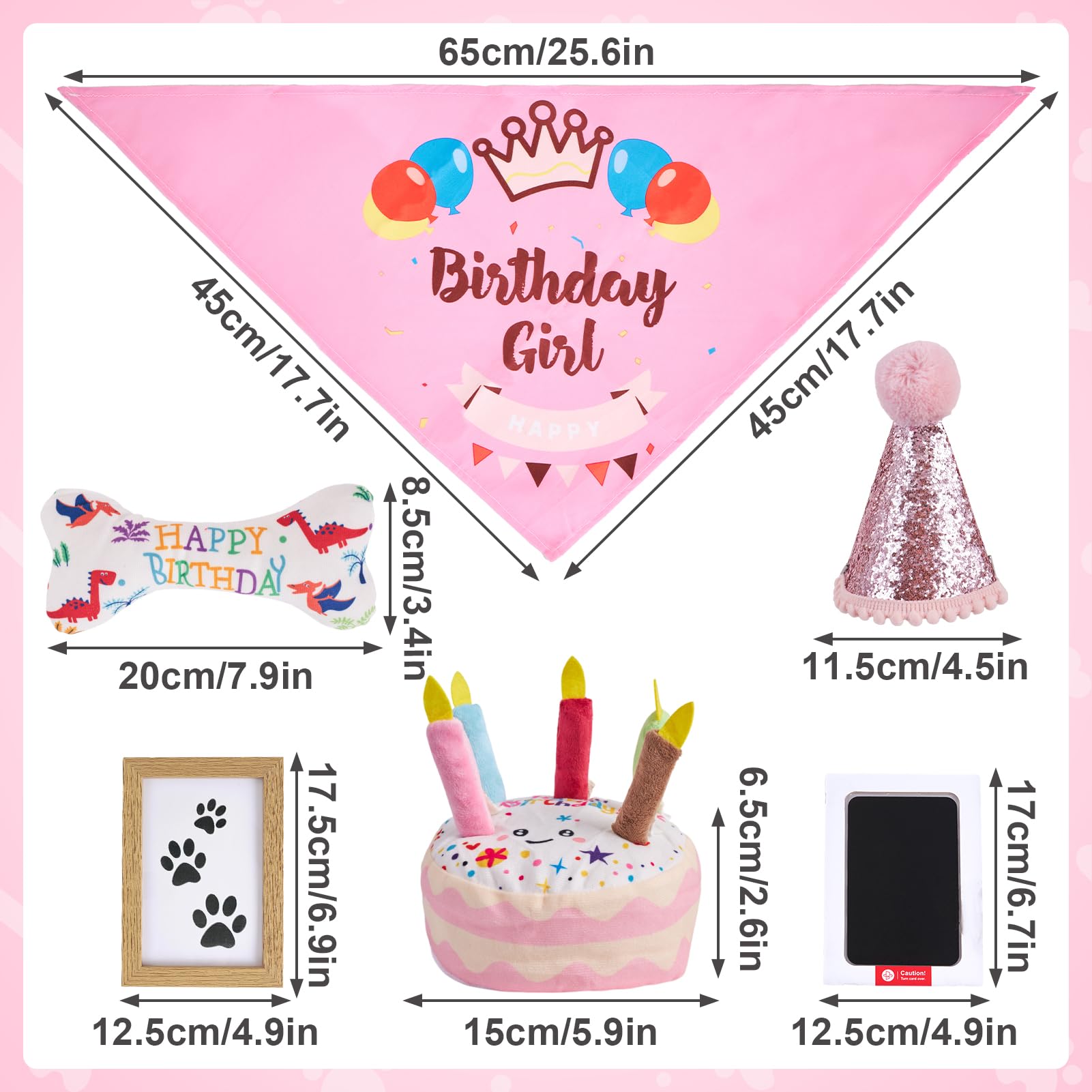 PATTEPOINT Dog Birthday Toy Set - Pink Squeaky Cake, Plush Bones, Hat, Bandana, Paw Print Kit & Photo Frame - Pet Gift Supplies