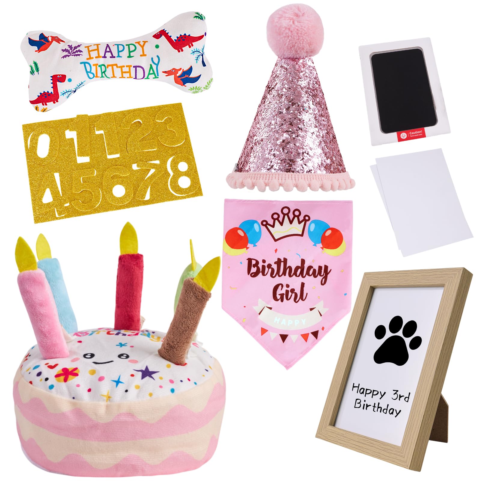 PATTEPOINT Dog Birthday Toy Set - Pink Squeaky Cake, Plush Bones, Hat, Bandana, Paw Print Kit & Photo Frame - Pet Gift Supplies