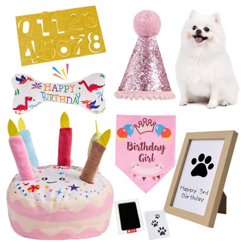 PATTEPOINT Dog Birthday Toy Set - Pink Squeaky Cake, Plush Bones, Hat, Bandana, Paw Print Kit & Photo Frame - Pet Gift Supplies