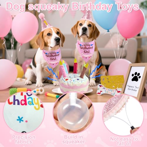 PATTEPOINT Dog Birthday Toy Set - Pink Squeaky Cake, Plush Bones, Hat, Bandana, Paw Print Kit & Photo Frame - Pet Gift Supplies