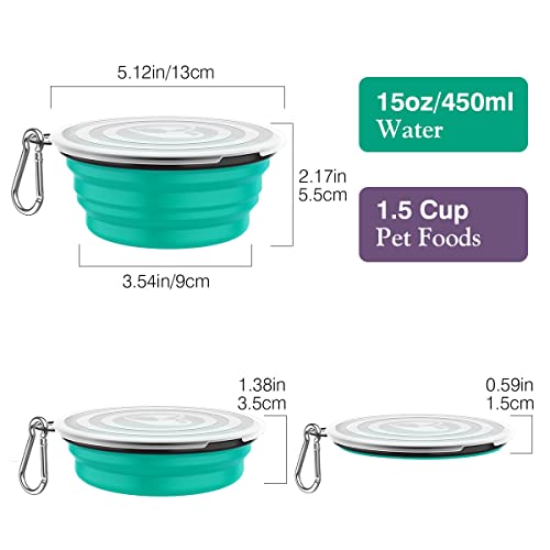Pawaboo Collapsible Silicone Dog Bowls 2-Pack with Lids & Carabiners - Violet/Turquoise, 12 oz Each