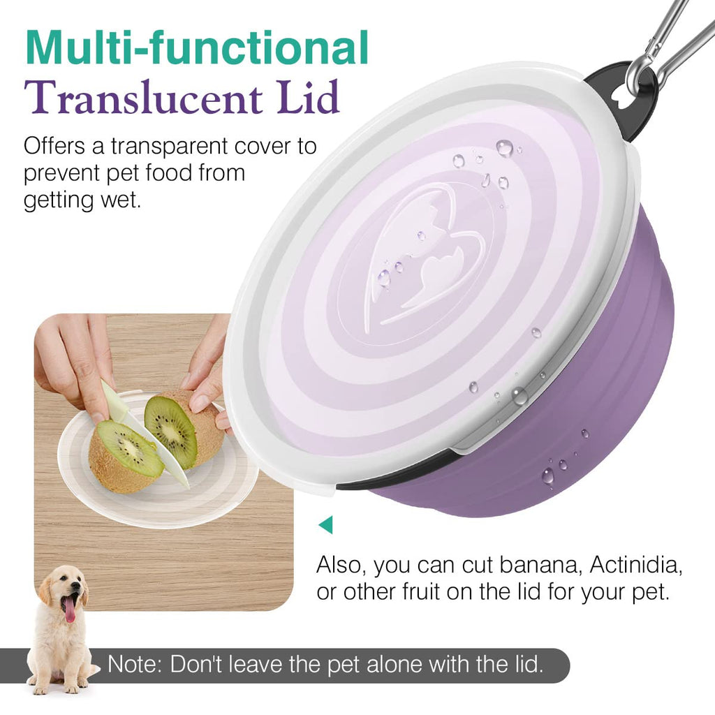 Pawaboo Collapsible Silicone Dog Bowls 2-Pack with Lids & Carabiners - Violet/Turquoise, 12 oz Each