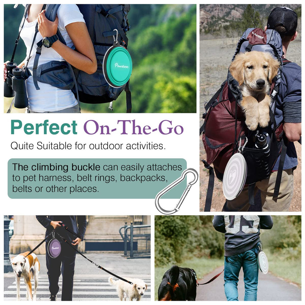 Pawaboo Collapsible Silicone Dog Bowls 2-Pack with Lids & Carabiners - Violet/Turquoise, 12 oz Each