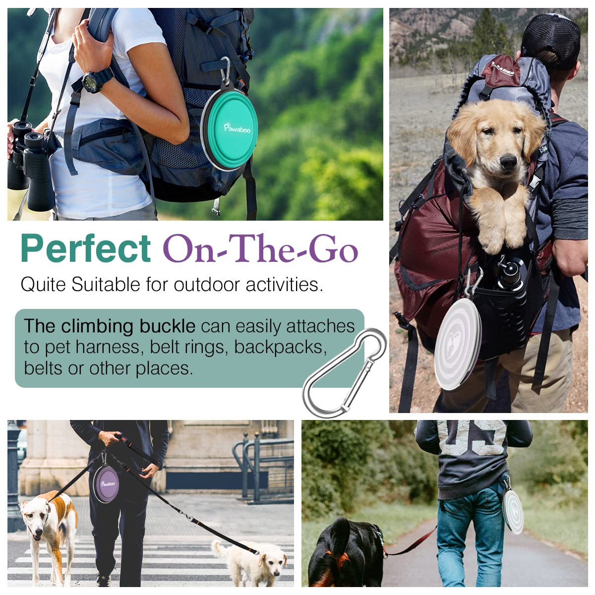 Pawaboo Collapsible Silicone Dog Bowls 2-Pack with Lids & Carabiners - Violet/Turquoise, 12 oz Each