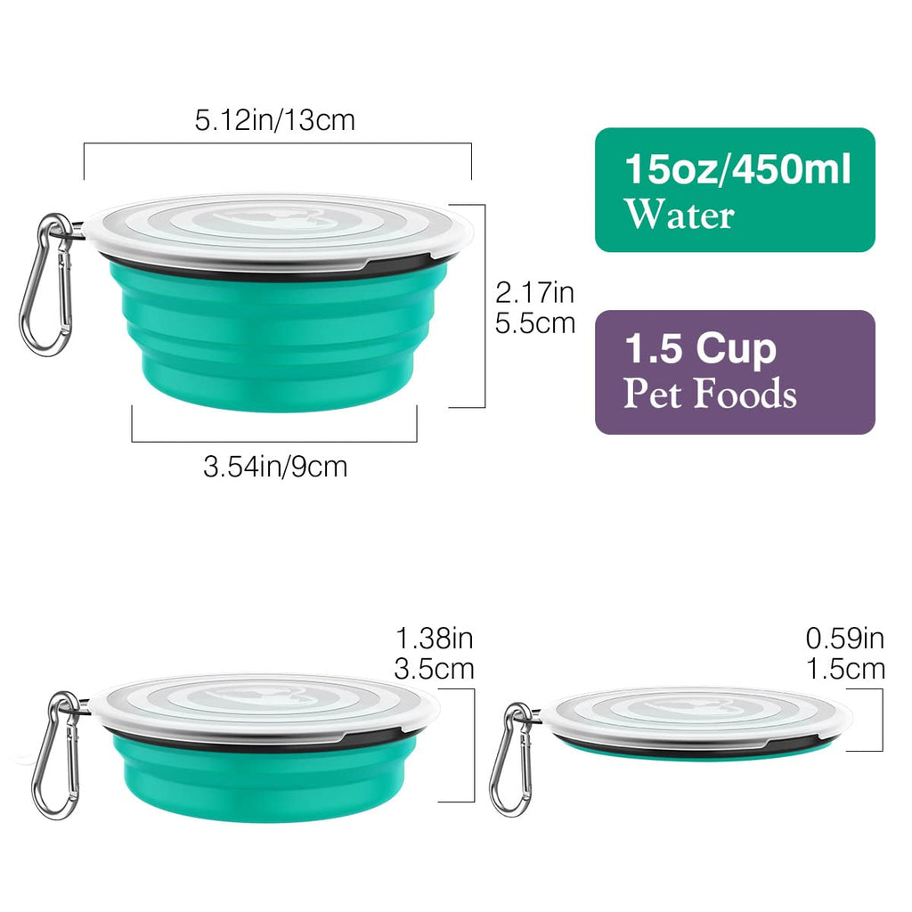 Pawaboo Collapsible Silicone Dog Bowls 2-Pack with Lids & Carabiners - Violet/Turquoise, 12 oz Each