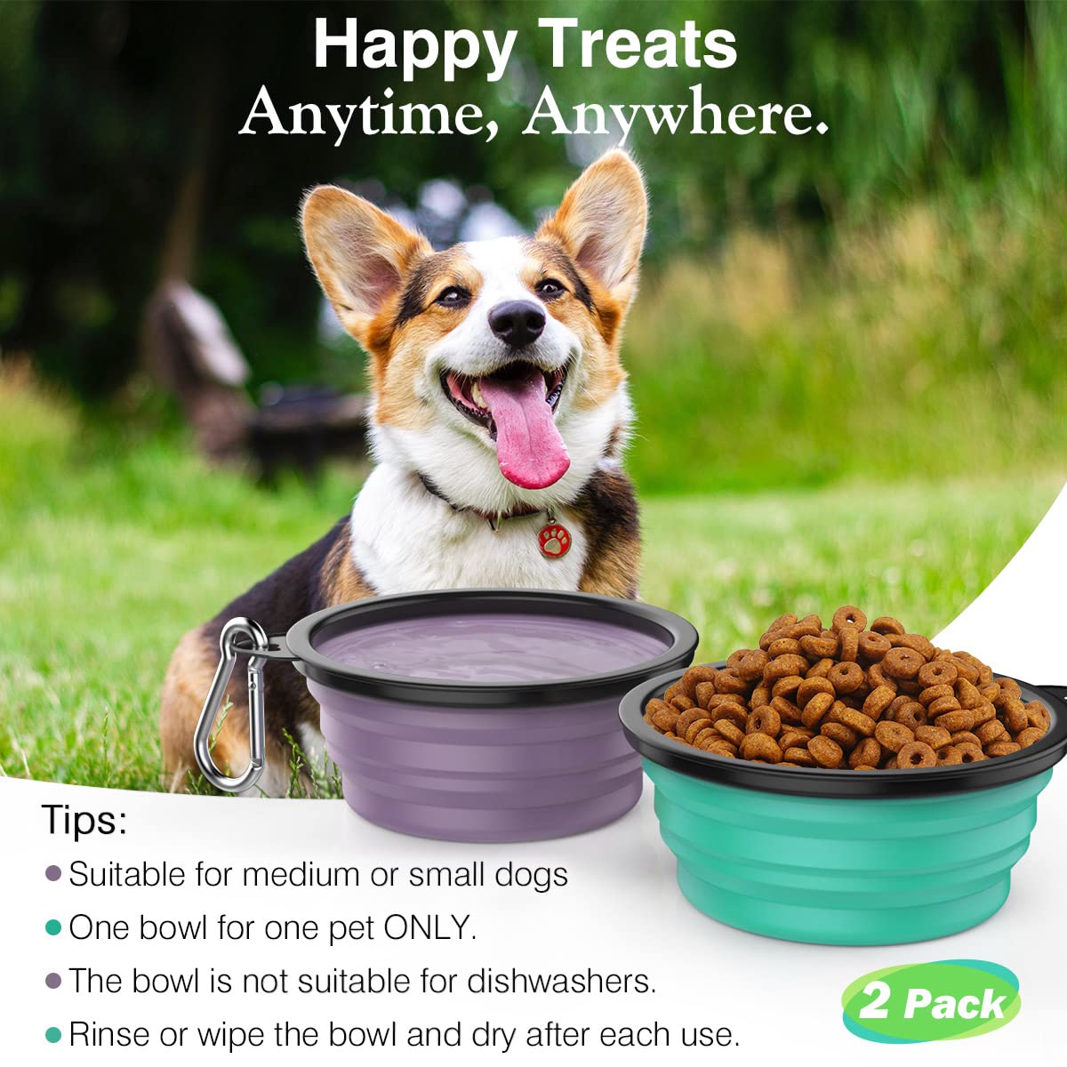 Pawaboo Collapsible Silicone Dog Bowls 2-Pack with Lids & Carabiners - Violet/Turquoise, 12 oz Each
