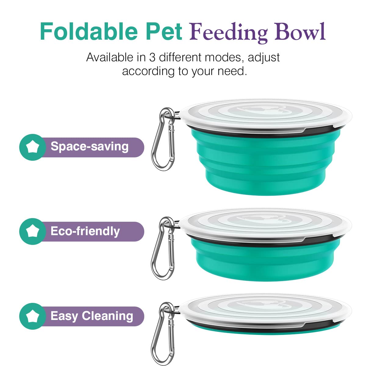 Pawaboo Collapsible Silicone Dog Bowls 2-Pack with Lids & Carabiners - Violet/Turquoise, 12 oz Each
