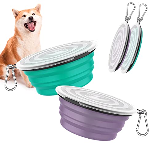 Pawaboo Collapsible Silicone Dog Bowls 2-Pack with Lids & Carabiners - Violet/Turquoise, 12 oz Each