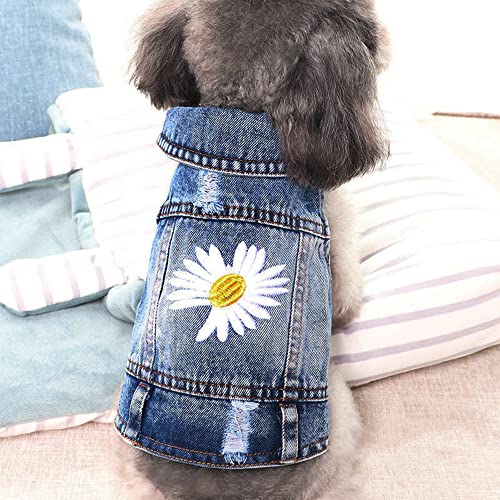 Pawstrip Dog Denim Jacket with Embroidered Daisy - Ripped Vintage Vest for Small Breeds (Large, Fits Chest 15-16")