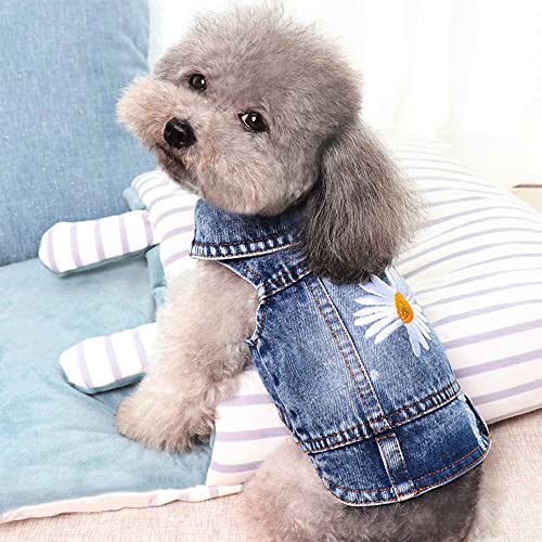 Pawstrip Dog Denim Jacket with Embroidered Daisy - Ripped Vintage Vest for Small Breeds (Large, Fits Chest 15-16")