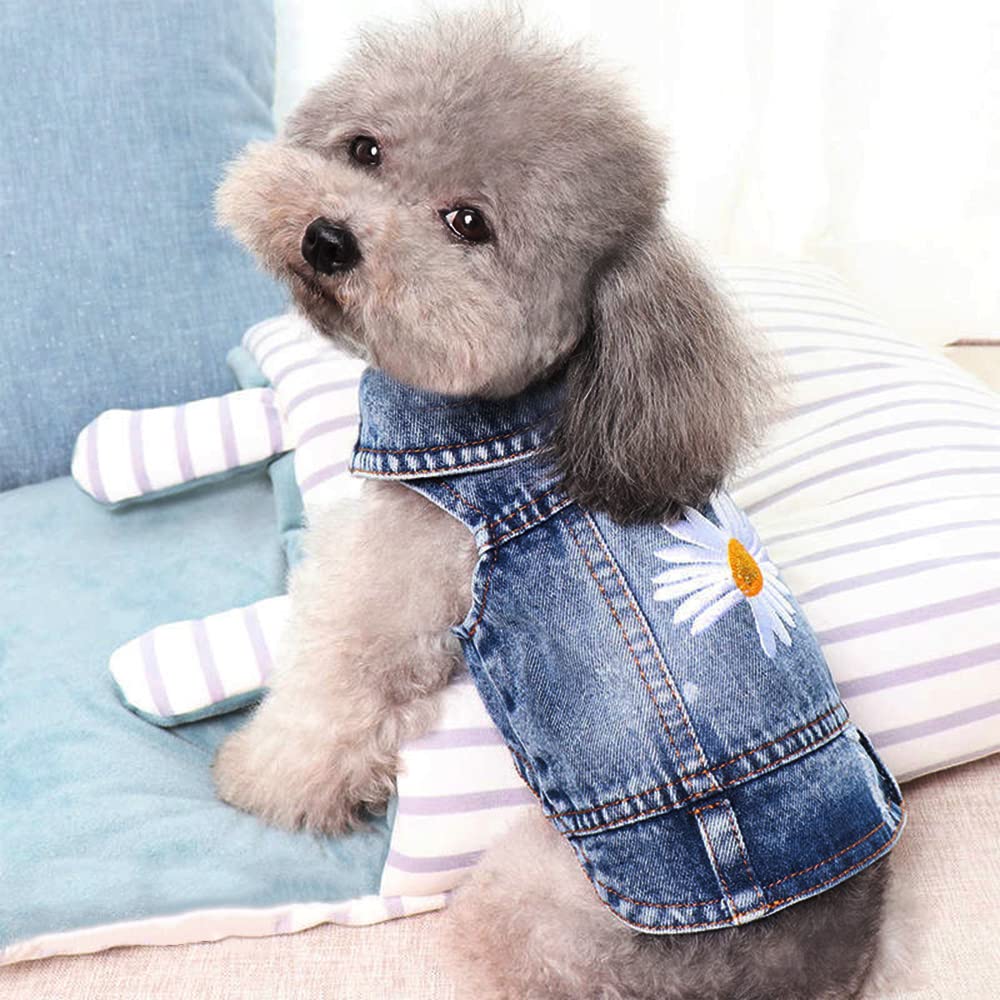 Pawstrip Dog Denim Jacket with Embroidered Daisy - Ripped Vintage Vest for Small Breeds (Large, Fits Chest 15-16")