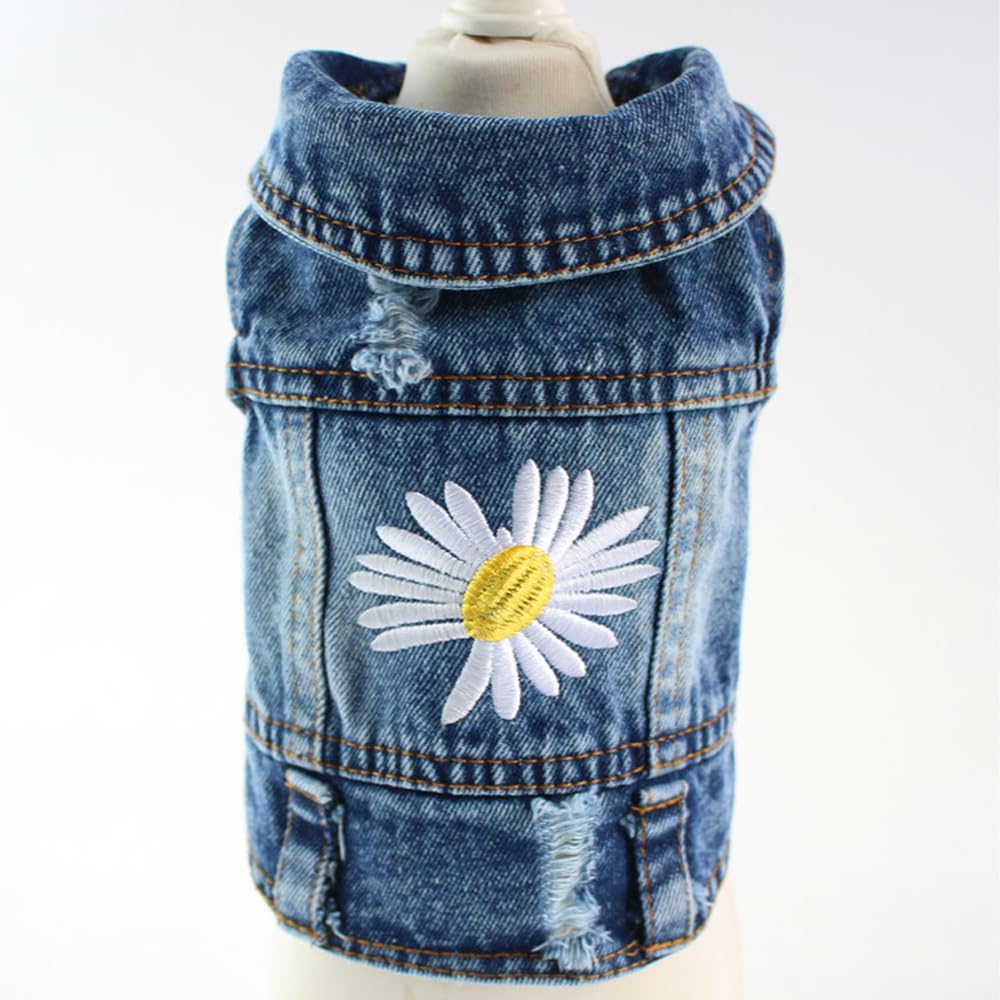 Pawstrip Dog Denim Jacket with Embroidered Daisy - Ripped Vintage Vest for Small Breeds (Large, Fits Chest 15-16")