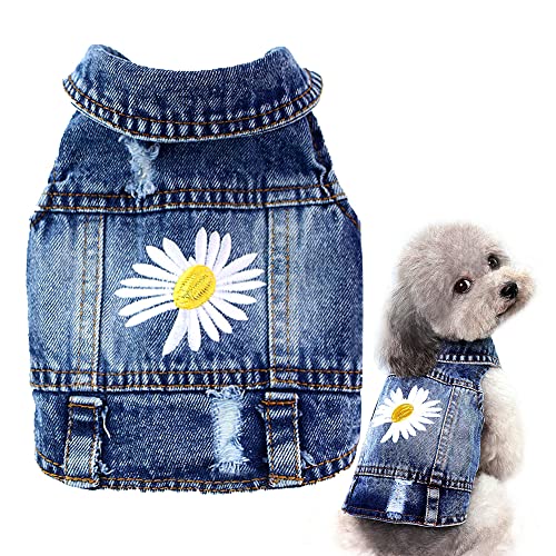 Pawstrip Dog Denim Jacket with Embroidered Daisy - Ripped Vintage Vest for Small Breeds (Large, Fits Chest 15-16")