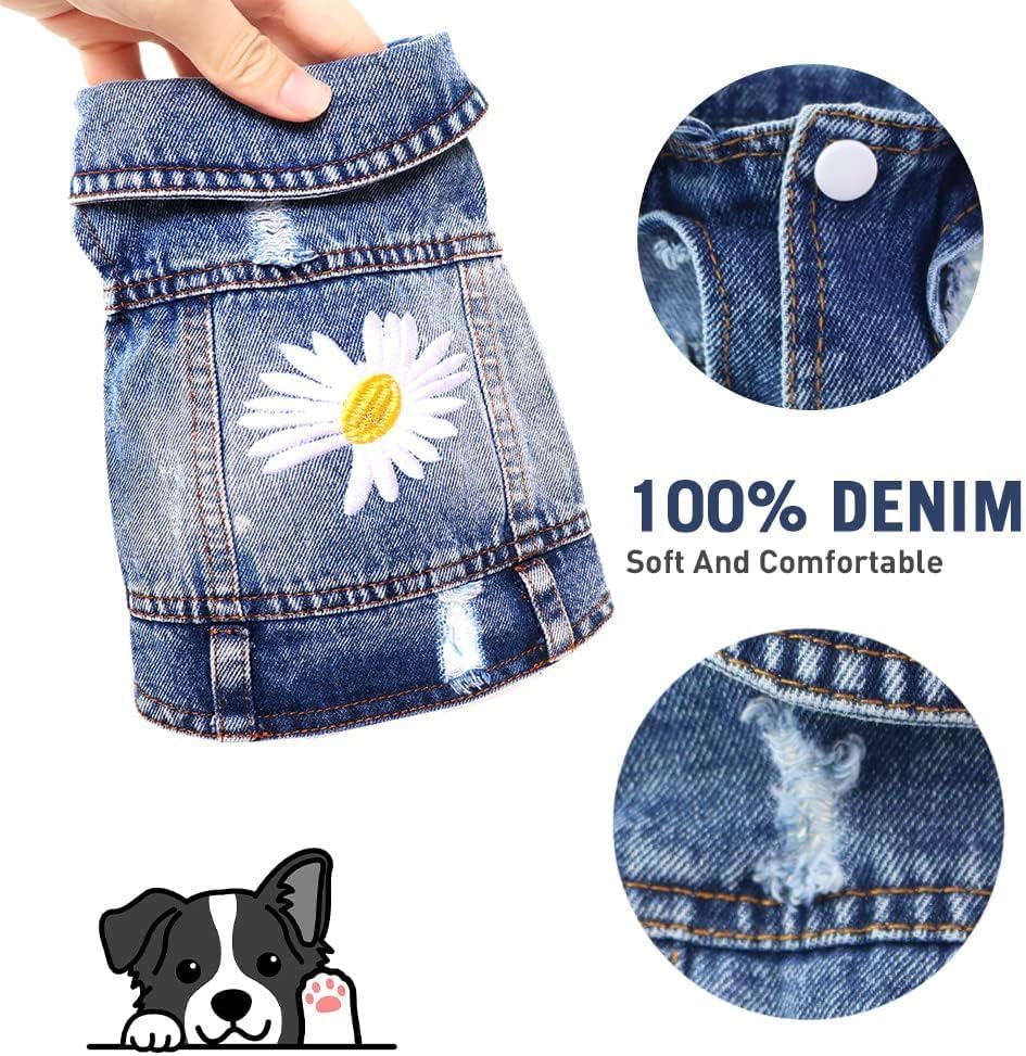 Pawstrip Dog Denim Jacket with Embroidered Daisy – Vintage Ripped Jean Vest for Small Dogs, X-Large (Fits Chest 18.5")