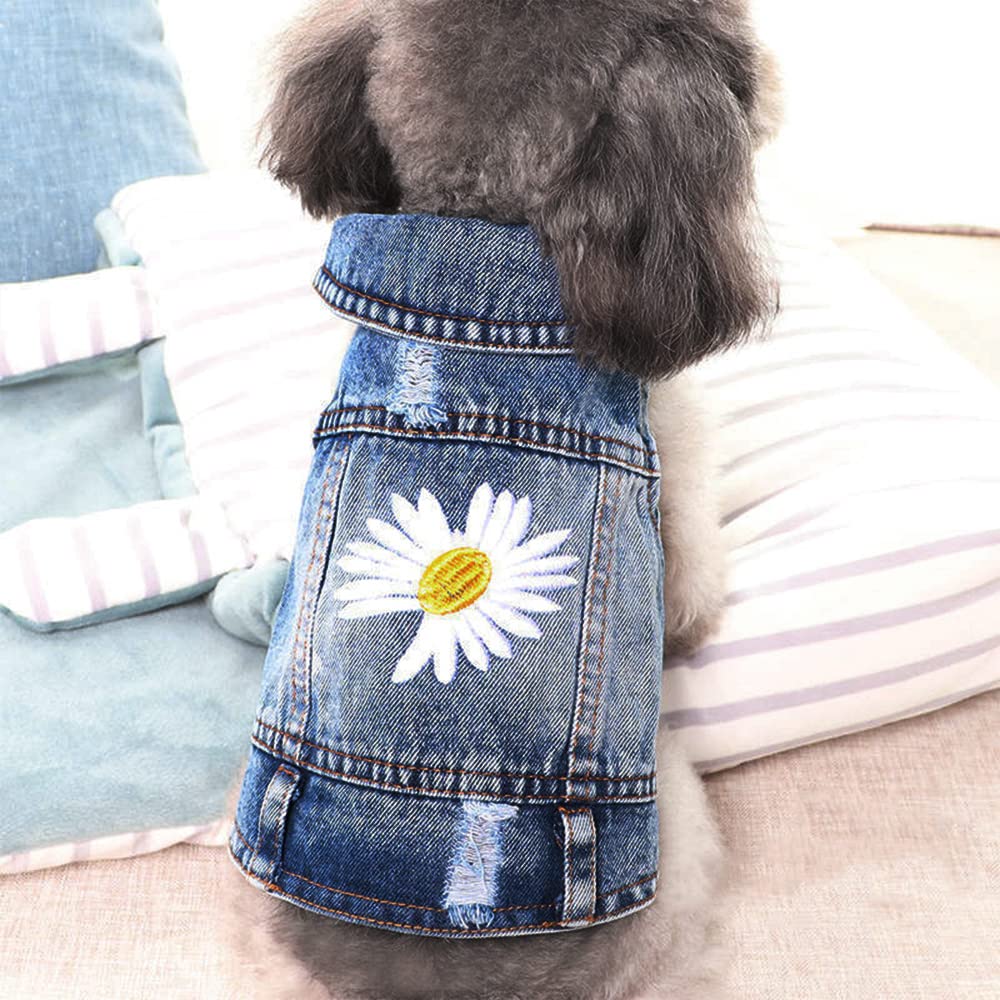 Pawstrip Dog Denim Jacket with Embroidered Daisy – Vintage Ripped Jean Vest for Small Dogs, X-Large (Fits Chest 18.5")
